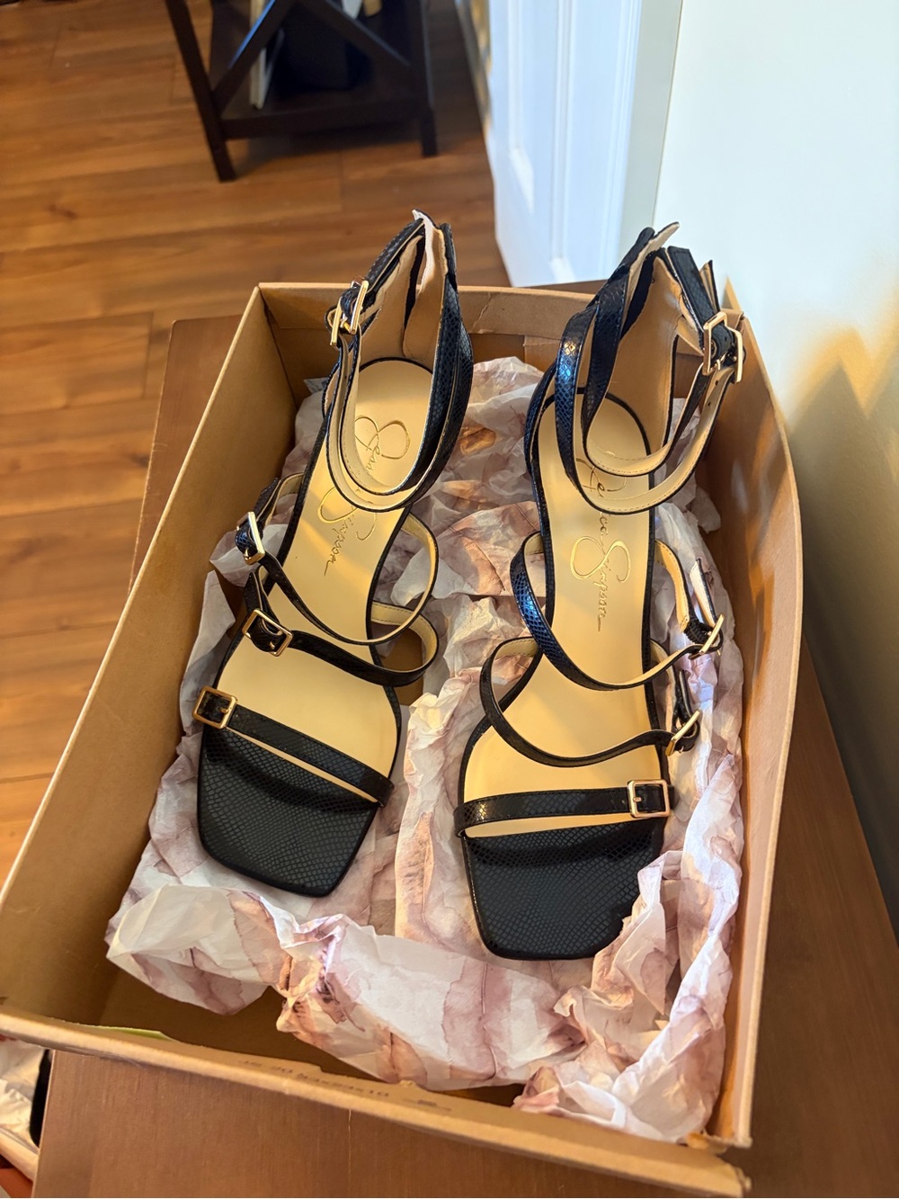 Jessica Simpson Black Multi-Strap High Heel Sandals with Gold Buckles